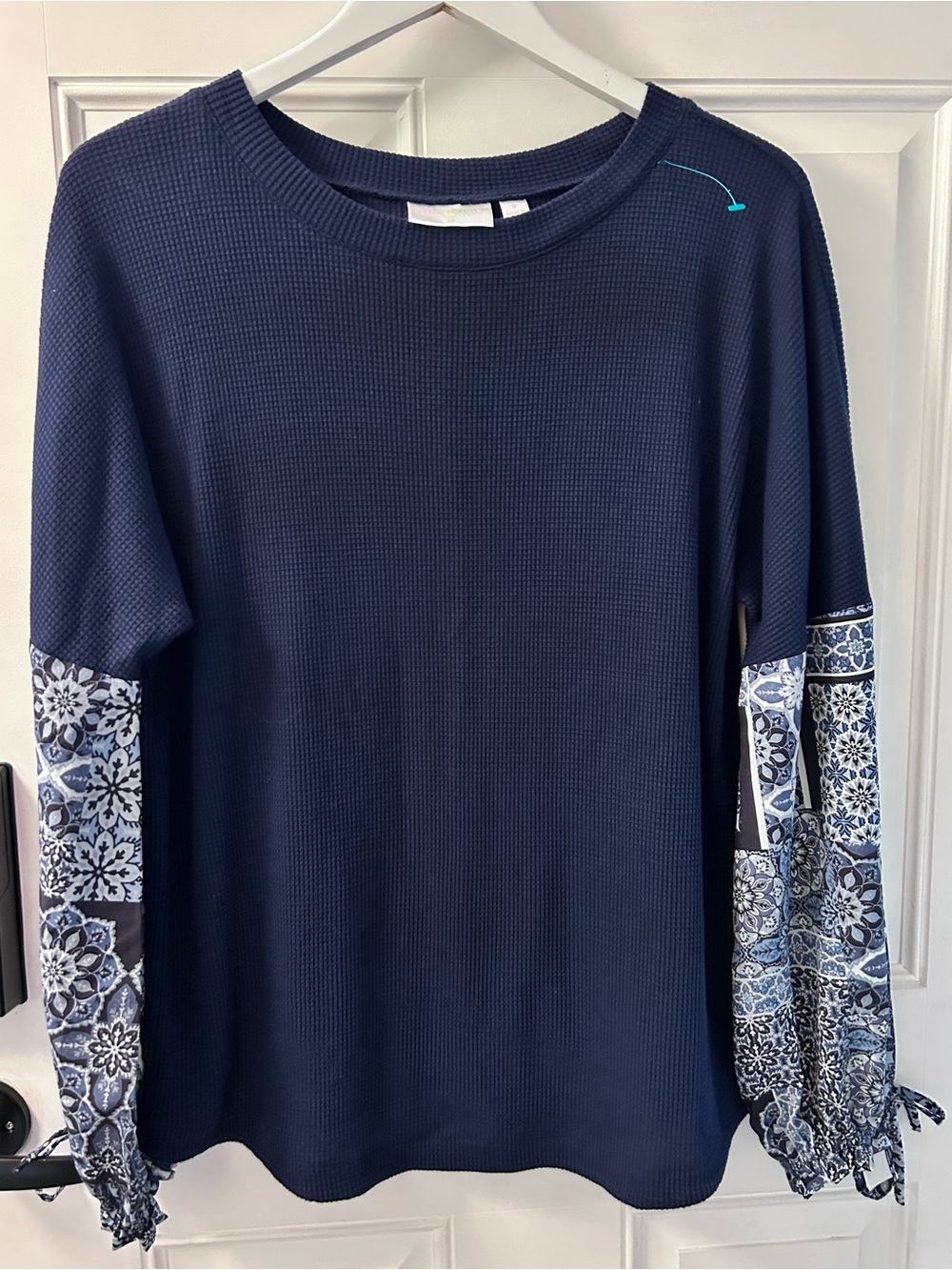 Belle by Kim Gravel Navy Waffle Knit Top with Patterned Blue Sleeve Panels